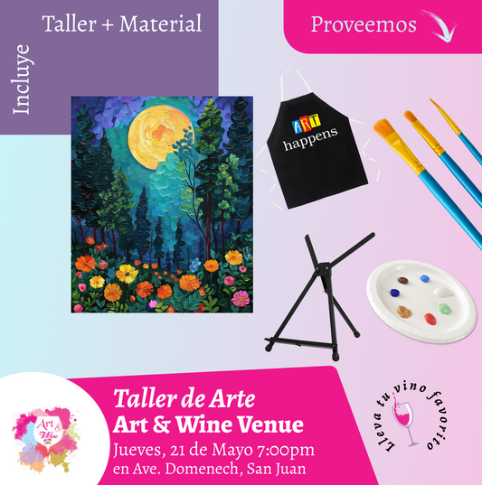 🎨¡Taller de arte en Art & Wine Venue 7pm - Jueves, 21 de Mayo 2026 en San Juan. ¡Lleva tu vino favorito!