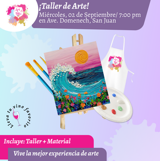 🎨¡Taller de arte en Art & Wine Venue 7pm - Miércoles, 2 de Septiembre 2026 en San Juan. ¡Lleva tu vino favorito!