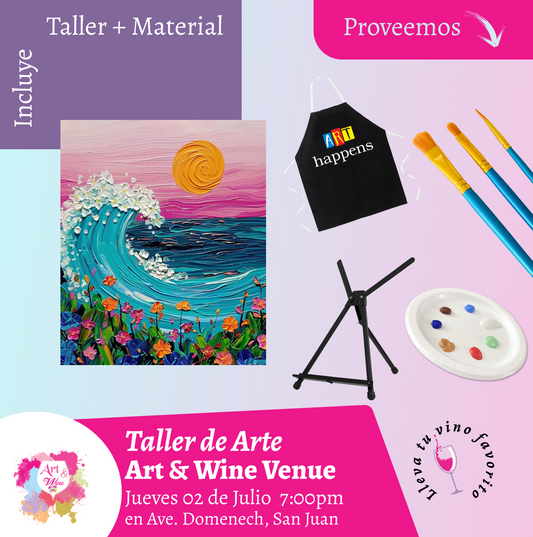 🎨¡Taller de arte en Art & Wine Venue 7pm - Jueves, 2 de Julio 2026 en San Juan. ¡Lleva tu vino favorito!