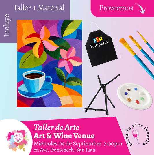 🎨¡Taller de arte en Art & Wine Venue 7pm - Miércoles, 09 de Septiembre 2026 en San Juan. ¡Lleva tu vino favorito!
