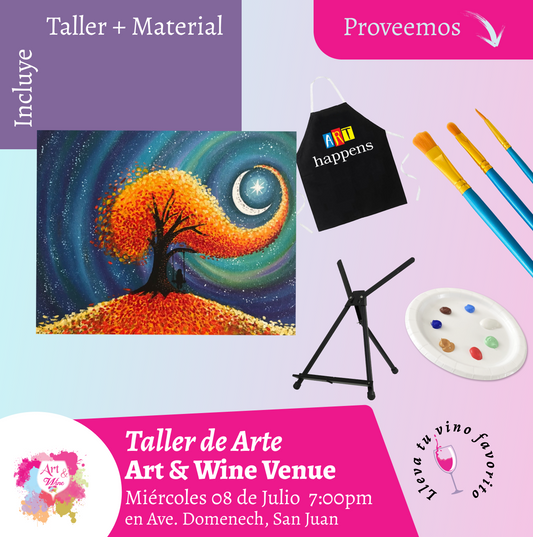 🎨¡Taller de arte en Art & Wine Venue 7pm - Miércoles, 8 de Julio 2026 en San Juan. ¡Lleva tu vino favorito!