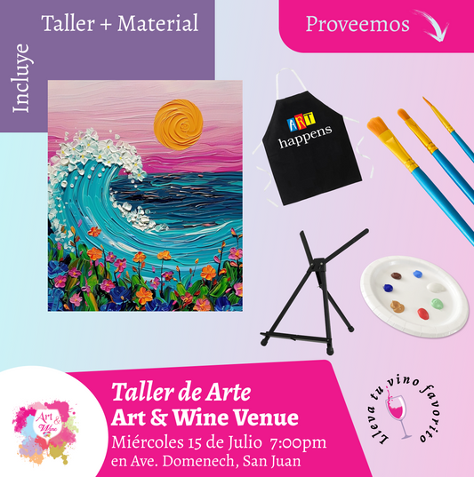🎨¡Taller de arte en Art & Wine Venue 7pm - Miércoles, 15 de Julio 2026 en San Juan. ¡Lleva tu vino favorito!