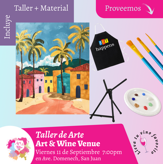 🎨¡Taller de arte en Art & Wine Venue 7pm - Viernes, 11 de Septiembre 2026 en San Juan. ¡Lleva tu vino favorito!