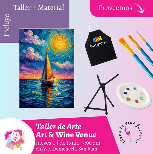 🎨¡Taller de arte en Art & Wine Venue 7pm - Jueves, 4 de Junio 2026 en San Juan. ¡Lleva tu vino favorito!