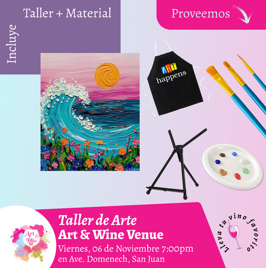 🎨¡Taller de arte en Art & Wine Venue 7pm - Viernes, 06 de Noviembre 2026 en San Juan. ¡Lleva tu vino favorito!