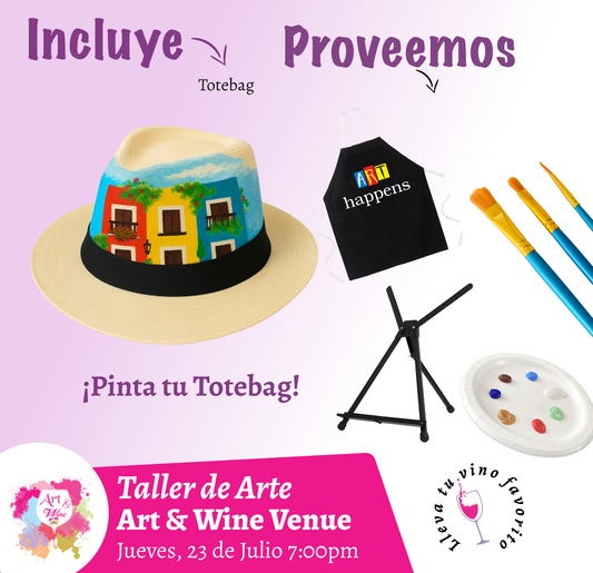 🎨¡Pinta tu sombrero! en Art & Wine Venue 7pm - Jueves, 23 de Julio 2026 en San Juan. ¡Lleva tu vino favorito!