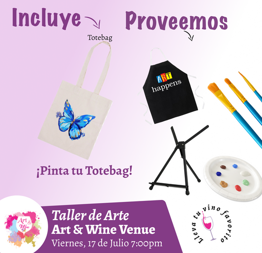 🎨¡Pinta tu Tote Bag! en Art & Wine Venue 7pm - Viernes, 17 de Julio 2026 en San Juan. ¡Lleva tu vino favorito!