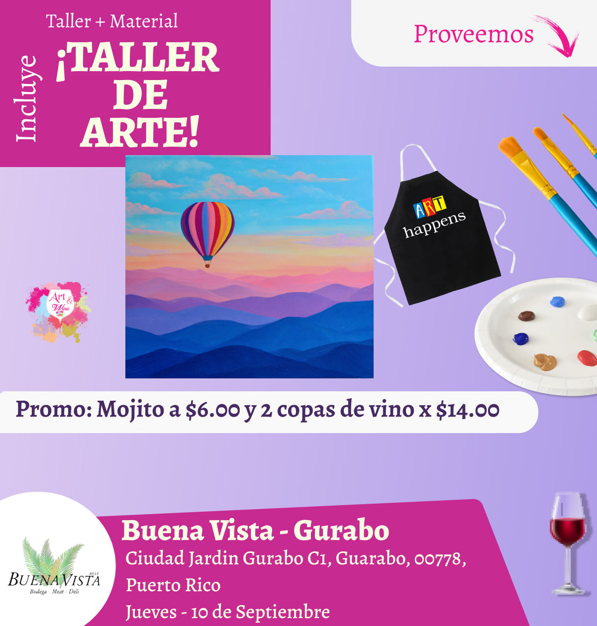 🎨¡Taller de arte!✨ Gurabo - Buena Vista, Jueves 10 de Septiembre 2026  a las 7:00pm 🍷