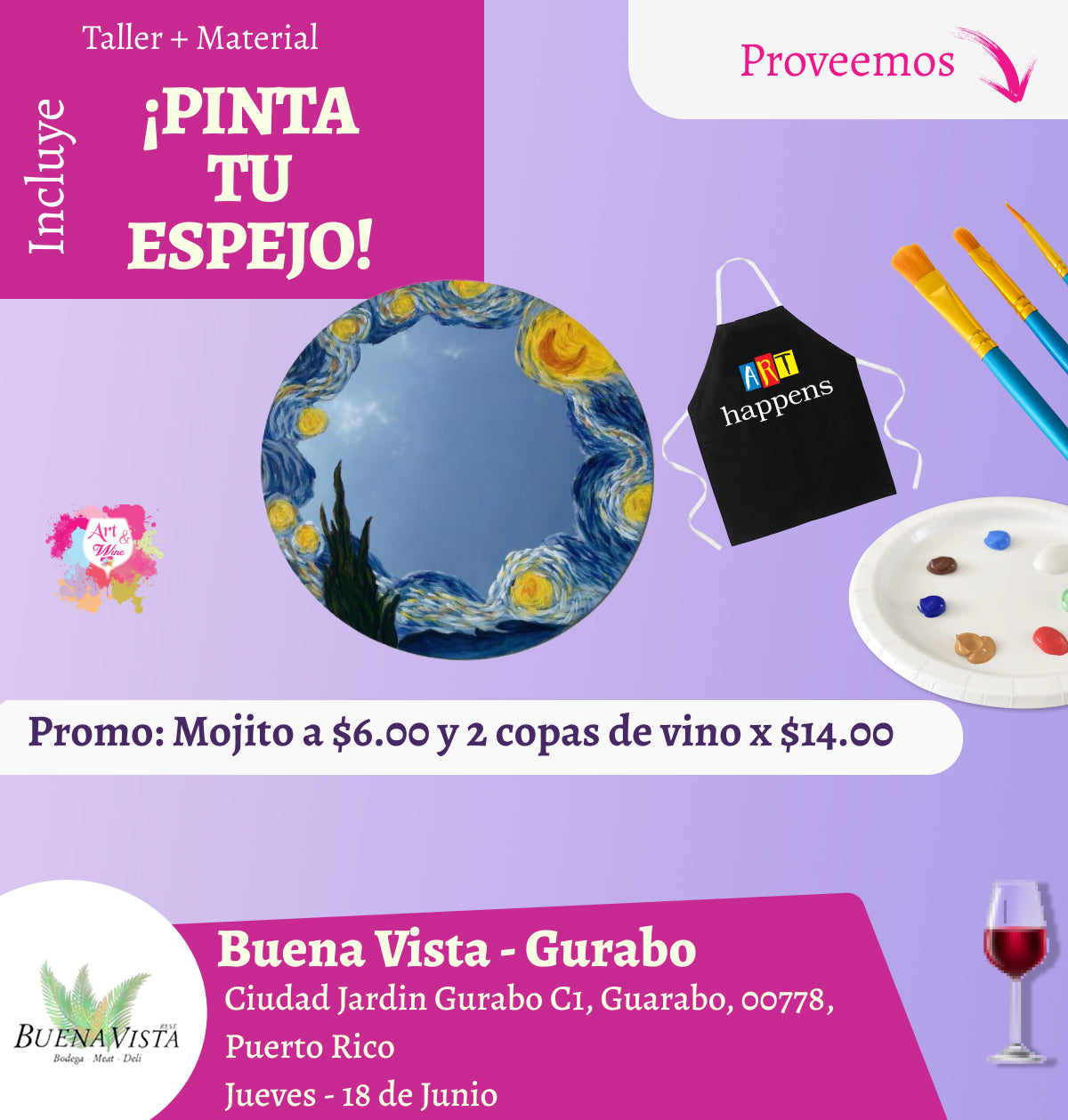 ✨¡Pinta tu espejo! 🪞🎨¡Taller de arte!✨ Gurabo - Buena Vista, Jueves 18 de Junio 2026  a las 7:00pm 🍷