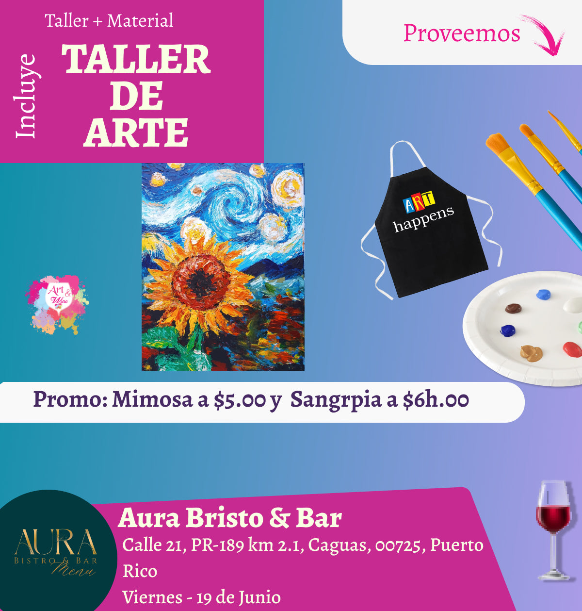 🎨Taller en ✨Aura Bristo & Bar - Caguas✨ Promo en mimosas y Sangría 🍹  - 7pm- Viernes, 19 de Junio 2026