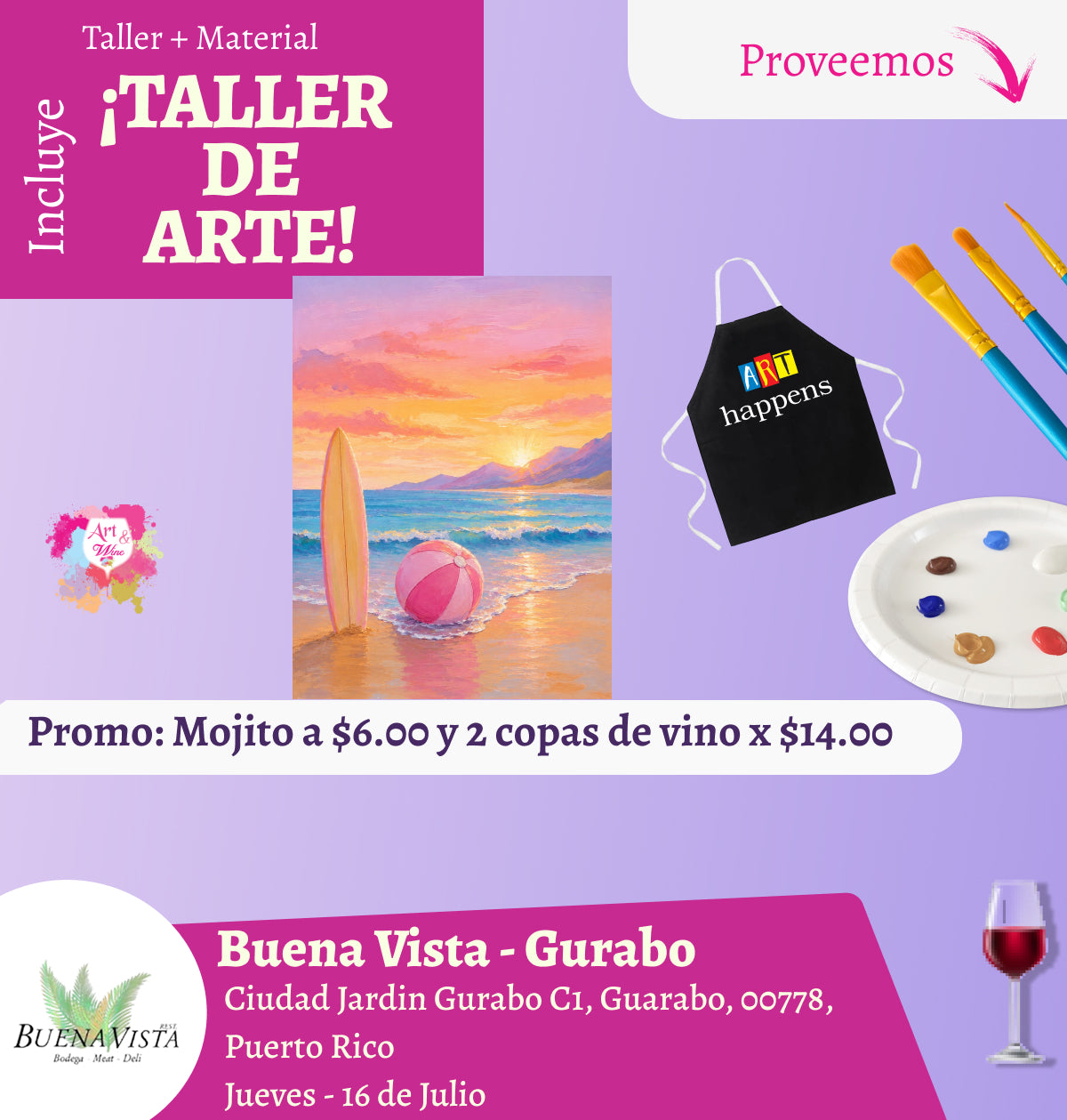 ✨¡Pinta tu espejo! 🪞🎨¡Taller de arte!✨ Gurabo - Buena Vista, Jueves 16 de Julio 2026  a las 7:00pm 🍷