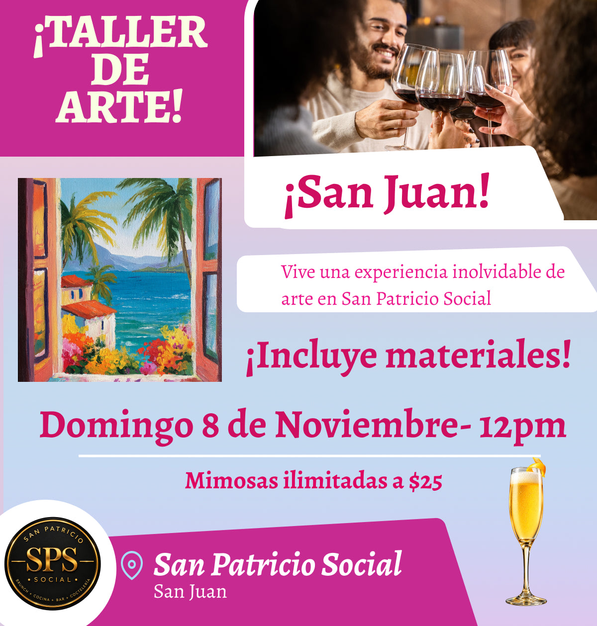 🎨¡Nuevo Taller de arte en San Patricio Social - San Juan - 12pm - Domingo, 8 de Noviembre 2026🥂 ¡Mimosas ilimitadas x $25! 🥂