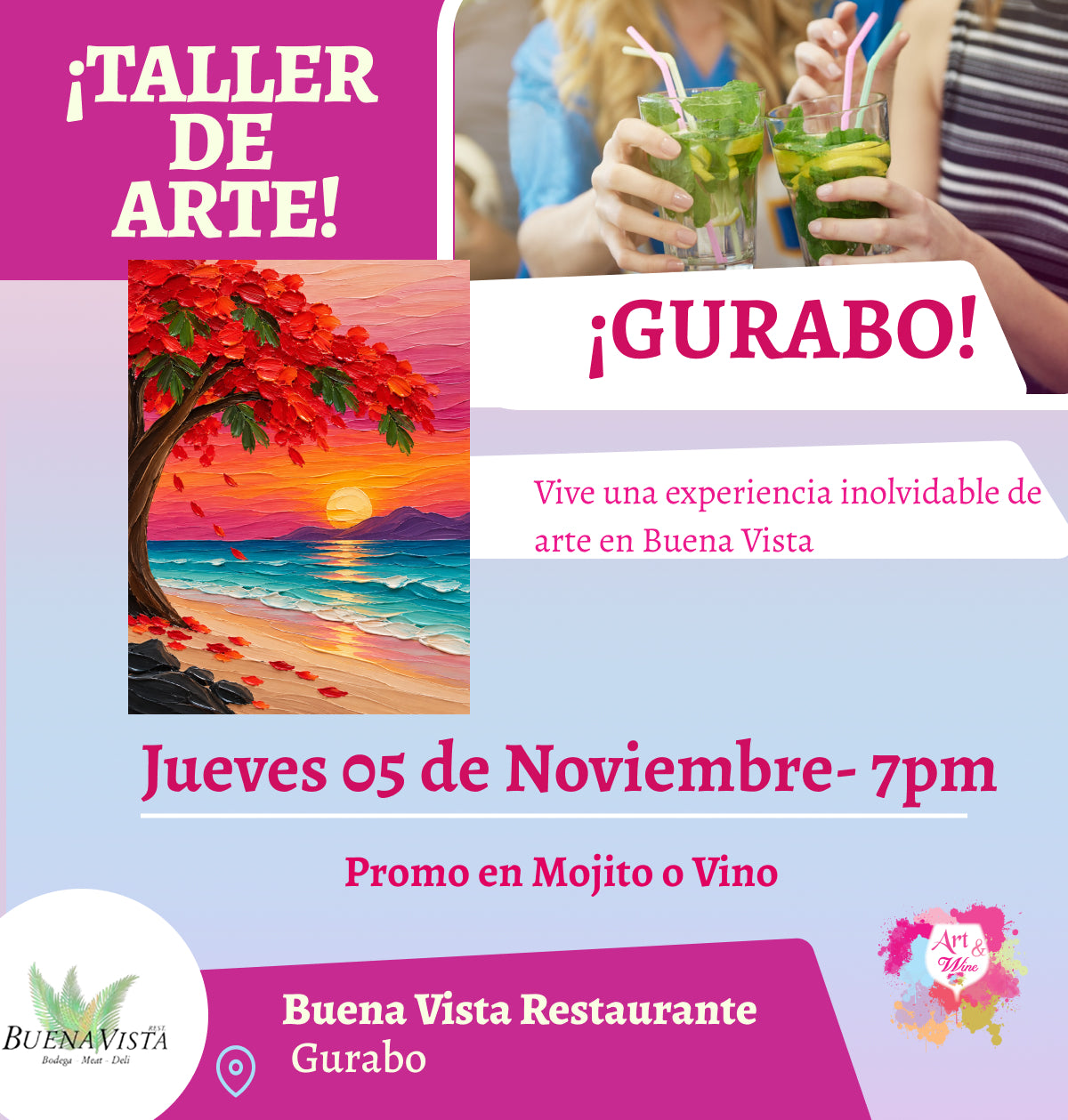 🎨¡Taller de arte!✨ Gurabo - Buena Vista, Jueves 05 de Noviembre 2026  a las 7:00pm 🍷