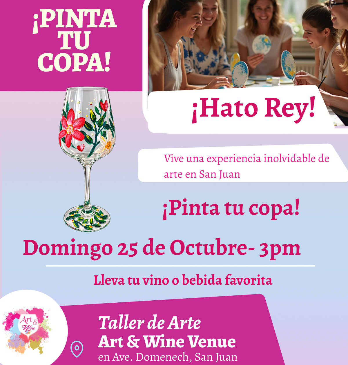 🎨¡Pinta tu copa en Art & Wine Venue 3pm - Domingo, 25 de Octubre 2026 en San Juan. ¡Lleva tu vino favorito!