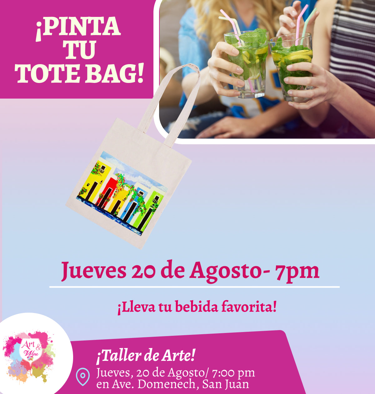 🎨¡Pinta tu Tote Bag!  en Art & Wine Venue 7pm - Jueves, 20 de Agosto 2026 en San Juan. ¡Lleva tu vino favorito!