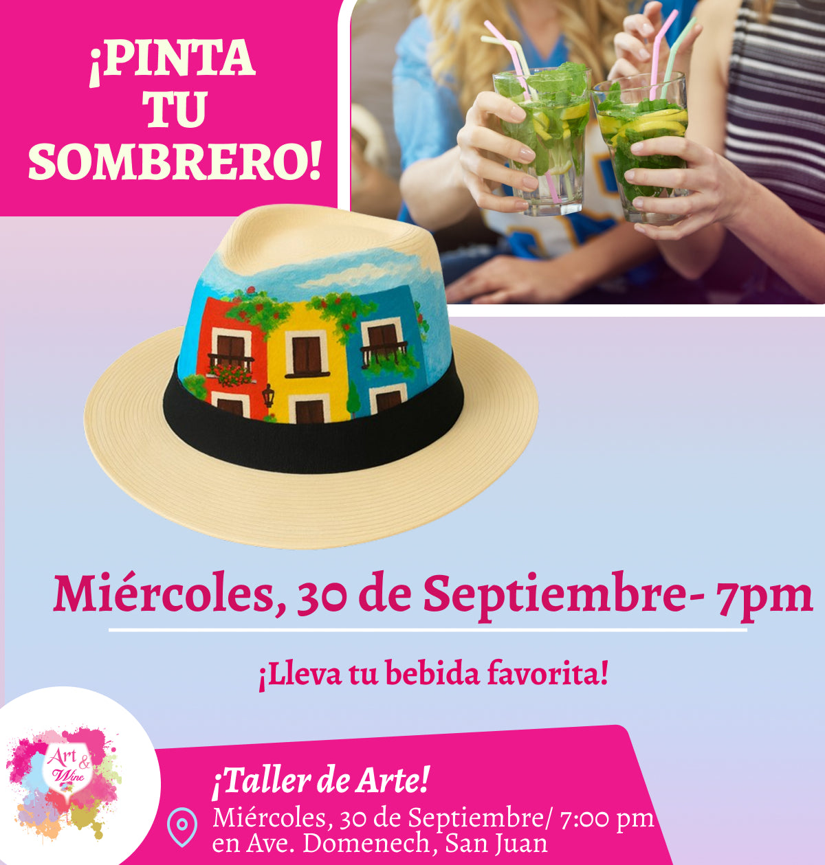 🎨¡Pinta tu sombrero! en Art & Wine Venue 7pm - Miércoles, 30 de Septiembre 2026 en San Juan. ¡Lleva tu vino favorito!