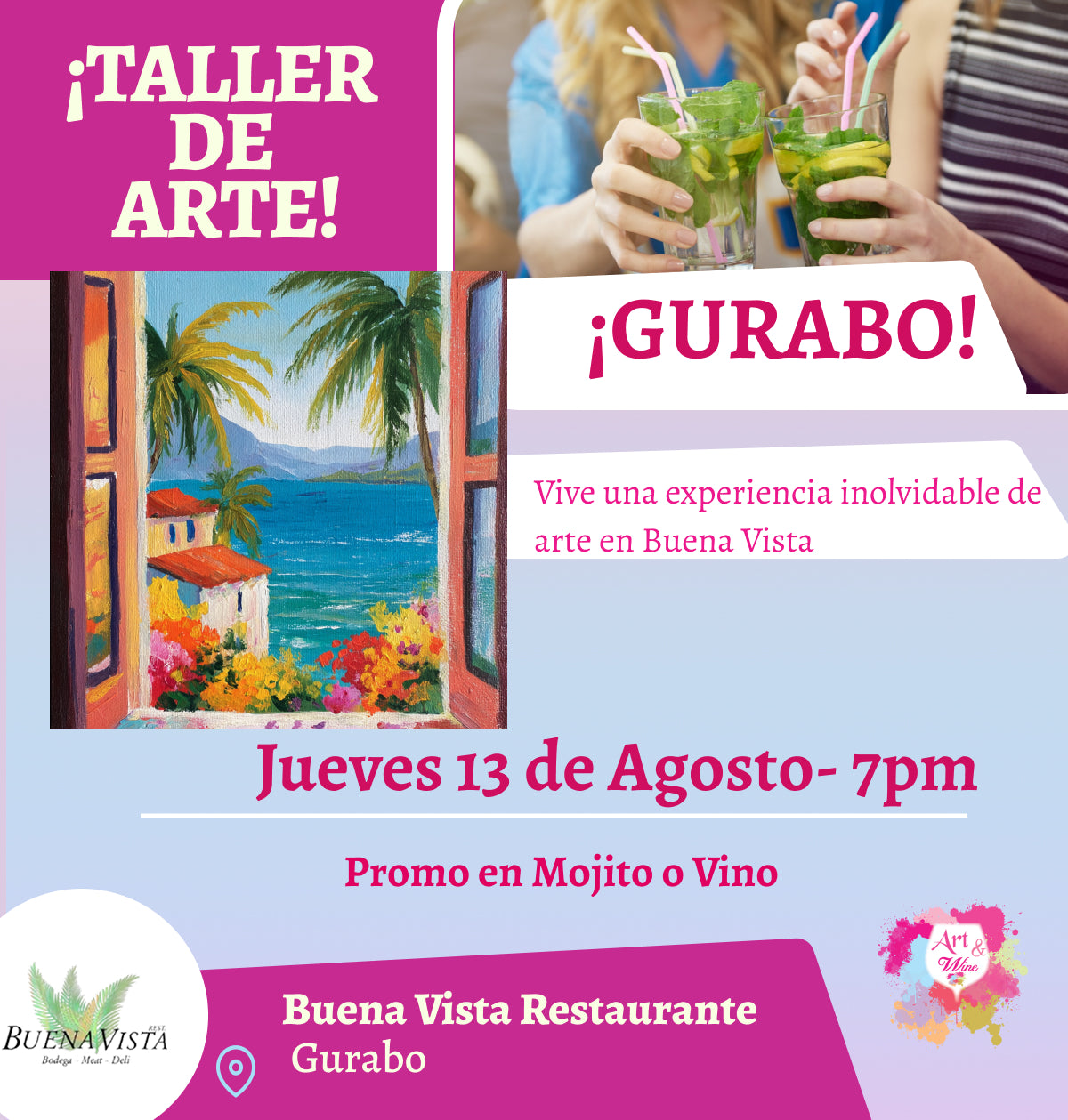 🎨¡Taller de arte!✨ Gurabo - Buena Vista, Jueves 13 de Agosto 2026  a las 7:00pm 🍷