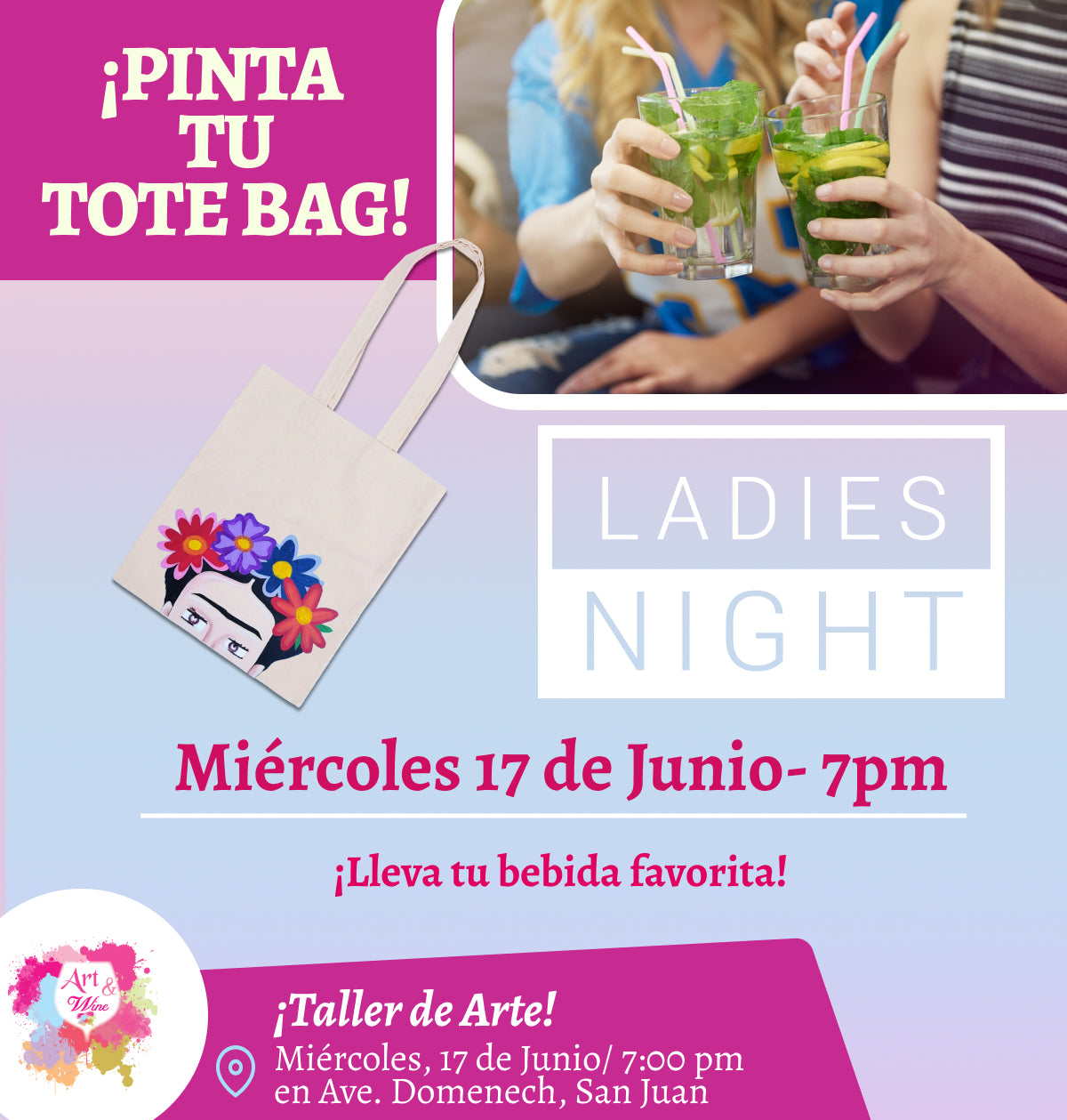 Ladies Night 💜¡Pinta tu Totebag! en Art & Wine Venue 7pm- Miércoles, 17 de Junio en San Juan. ¡Lleva tu vino favorito!