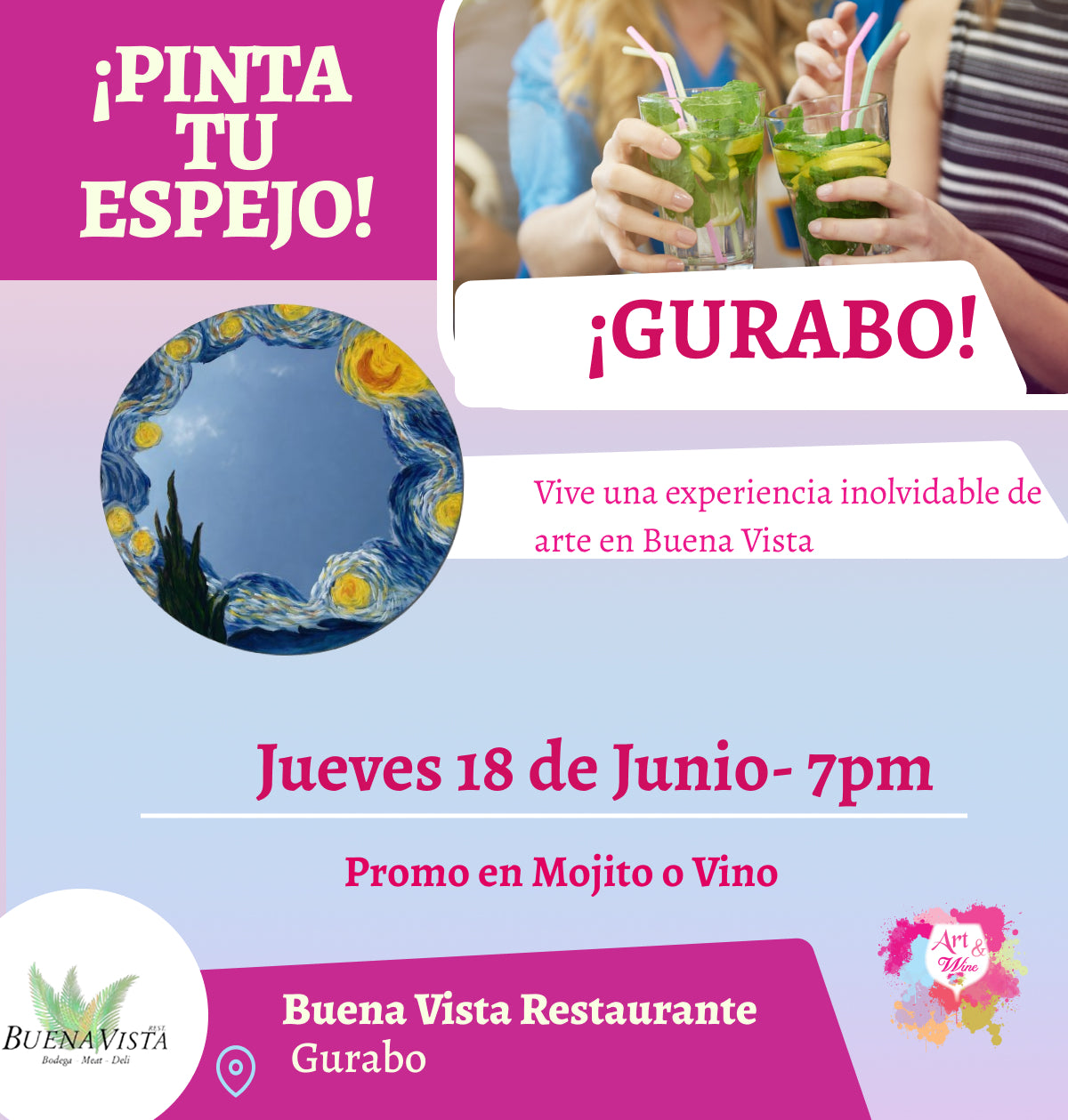 ✨¡Pinta tu espejo! 🪞🎨¡Taller de arte!✨ Gurabo - Buena Vista, Jueves 18 de Junio 2026  a las 7:00pm 🍷