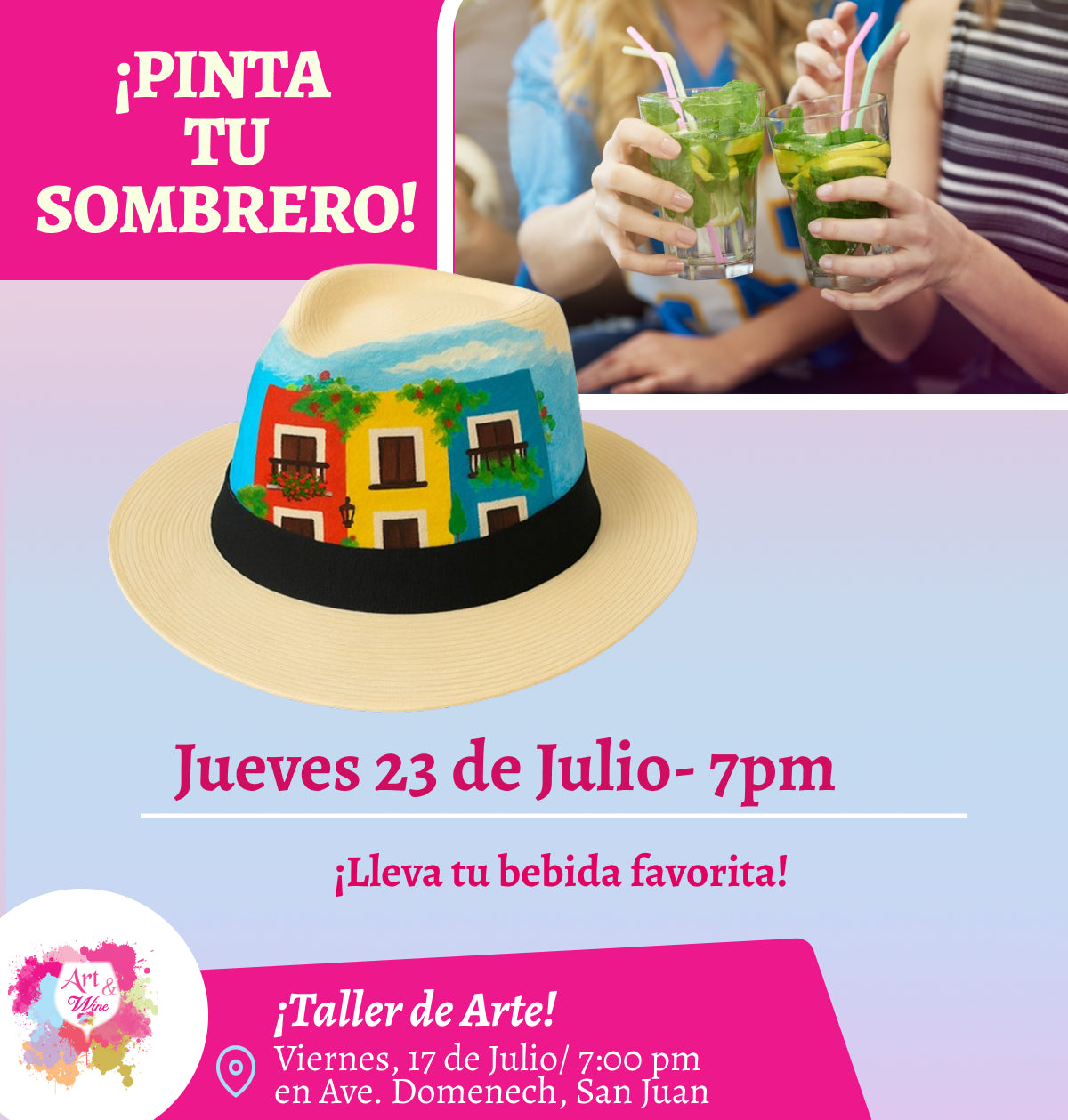 🎨¡Pinta tu sombrero! en Art & Wine Venue 7pm - Jueves, 23 de Julio 2026 en San Juan. ¡Lleva tu vino favorito!