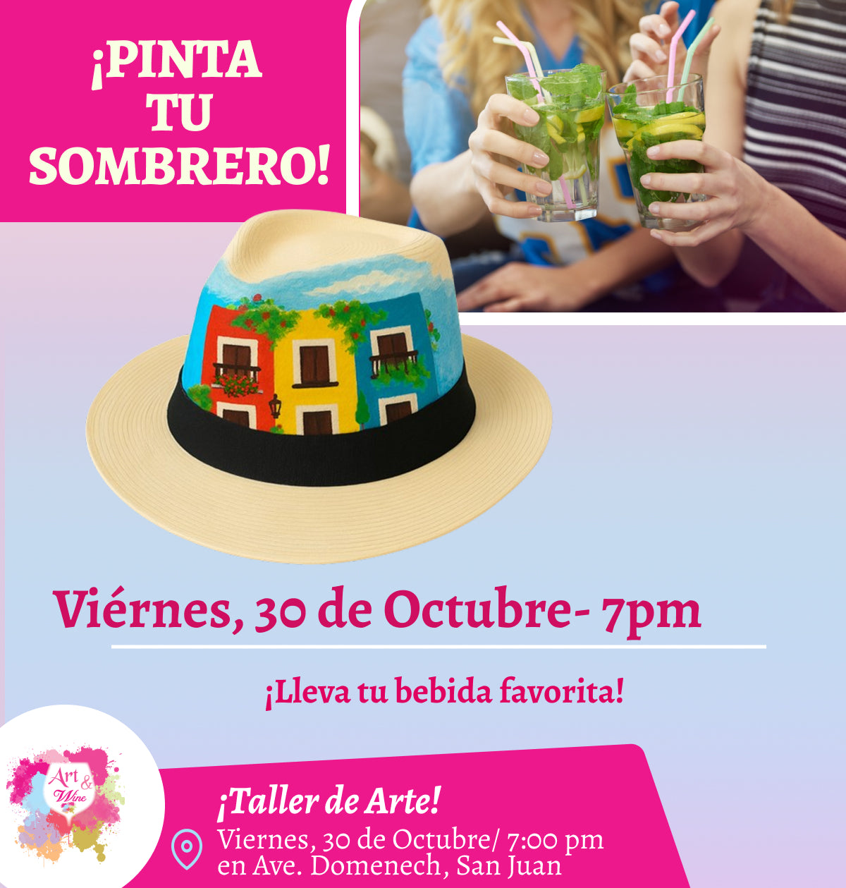 🎨¡Pinta tu sombrero! en Art & Wine Venue 7pm - Viernes, 30 de Octubre 2026 en San Juan. ¡Lleva tu vino favorito!