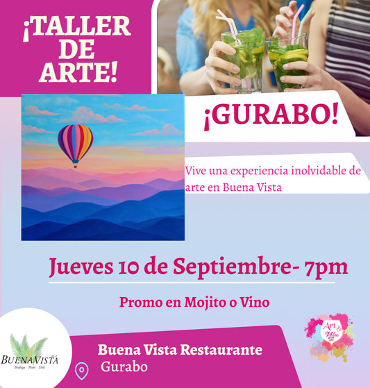 🎨¡Taller de arte!✨ Gurabo - Buena Vista, Jueves 10 de Septiembre 2026  a las 7:00pm 🍷