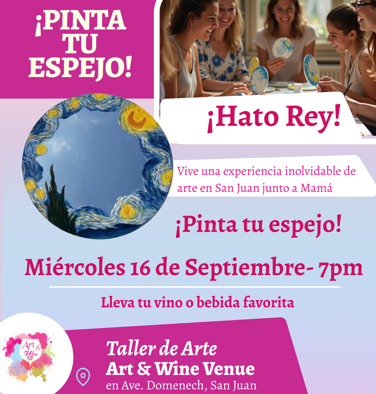 ¡Pinta tu espejo! 🎨¡Taller de arte en Art & Wine Venue 7pm - Miércoles, 16 de Septiembre 2026 en San Juan. ¡Lleva tu vino favorito!