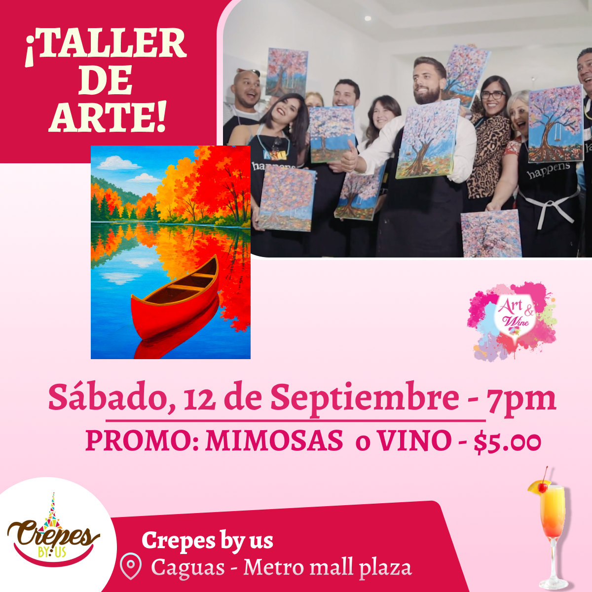 ✨ 🎨Taller de arte en ✨Crepes by us - Caguas✨ Promo en mimosas 🍹  - 7pm- Sábado, 12 de Septiembre 2026