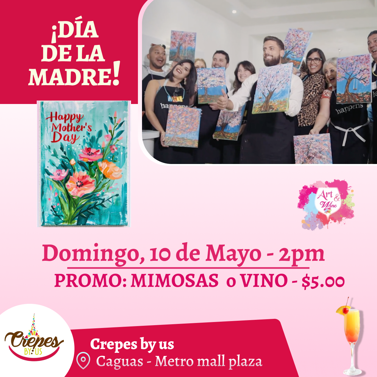 ✨¡Celebra con mamá!✨ 🎨Taller en ✨Crepes by us - Caguas✨ Promo en mimosas 🍹  - 2pm- Domingo, 10 de Mayo 2026