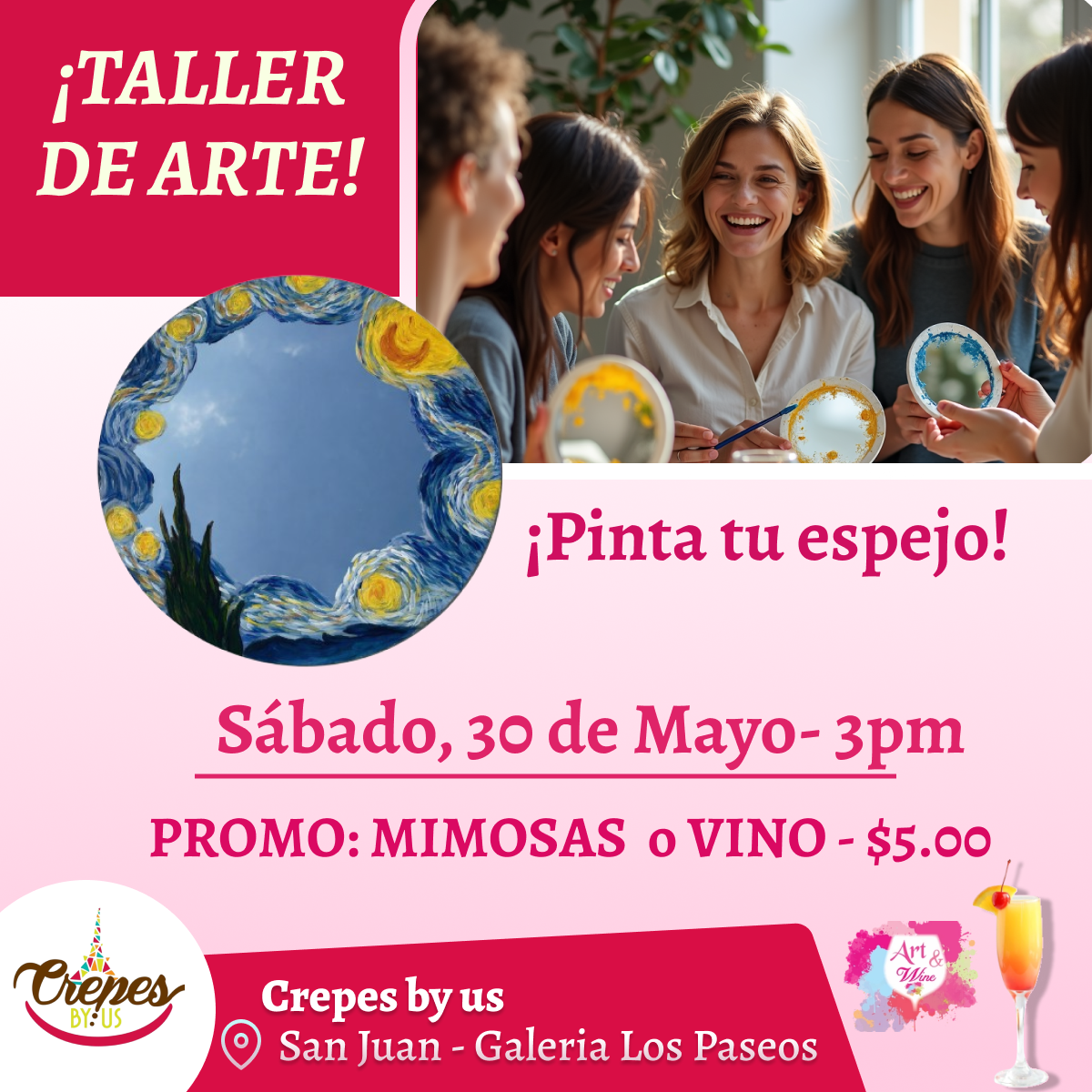 🎨Taller en ✨Crepes by us - San Juan✨ Promo en mimosas 🍹 ¡Pinta tu espejo!  - 3pm- Sábado, 30 de Mayo 2026