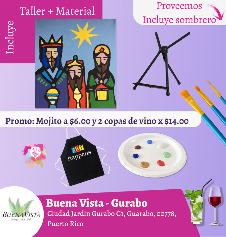 🎨¡Taller de arte!✨ Gurabo - Buena Vista, Miércoles 17 de diciembre a las 7:00pm 🍷
