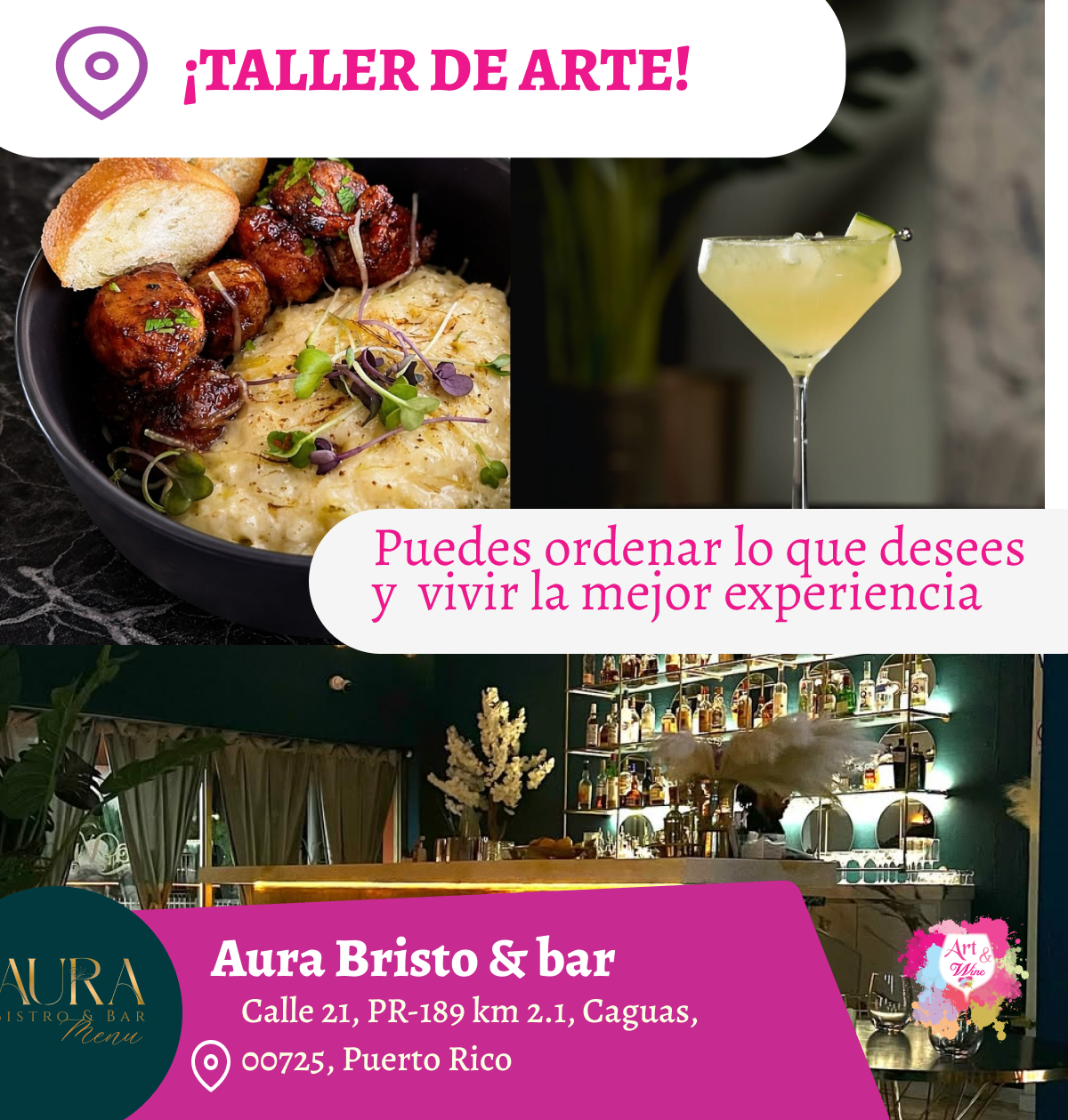 🎨Taller en ✨Aura Bristo & Bar - Caguas✨ Promo en mimosas y Sangría 🍹  - 7pm- Viernes, 19 de Junio 2026