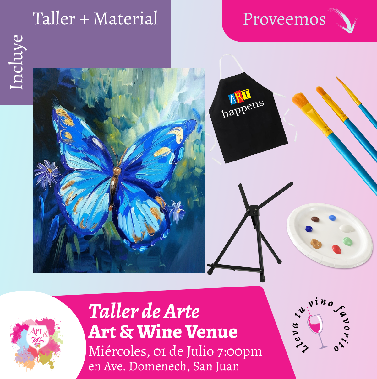 🎨¡Taller de arte en Art & Wine Venue 7pm - Miércoles, 1 de Julio 2026 en San Juan. ¡Lleva tu vino favorito!