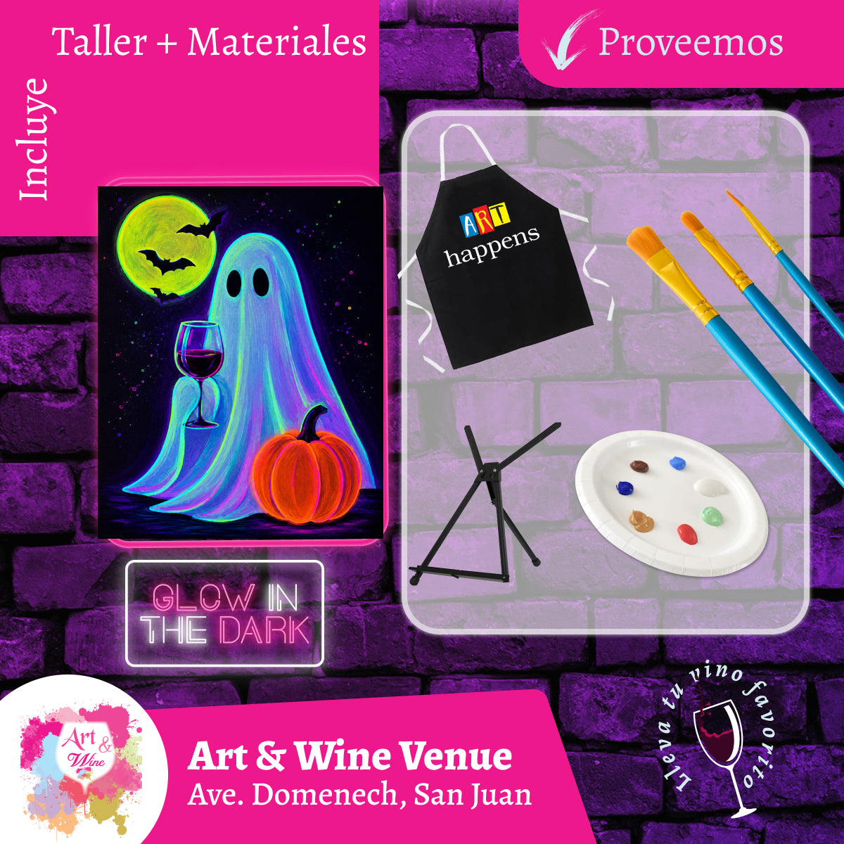 🎨!Halloween y Glow in the Dark! Sábado, 31 de Ocubtre2026 en Art & Wine Venue - San Juan -¡Lleva tu vino favorito! 7pm