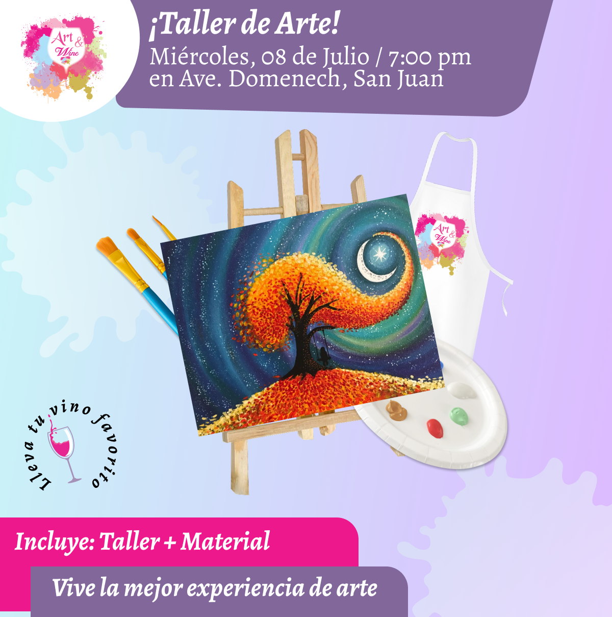 🎨¡Taller de arte en Art & Wine Venue 7pm - Miércoles, 8 de Julio 2026 en San Juan. ¡Lleva tu vino favorito!