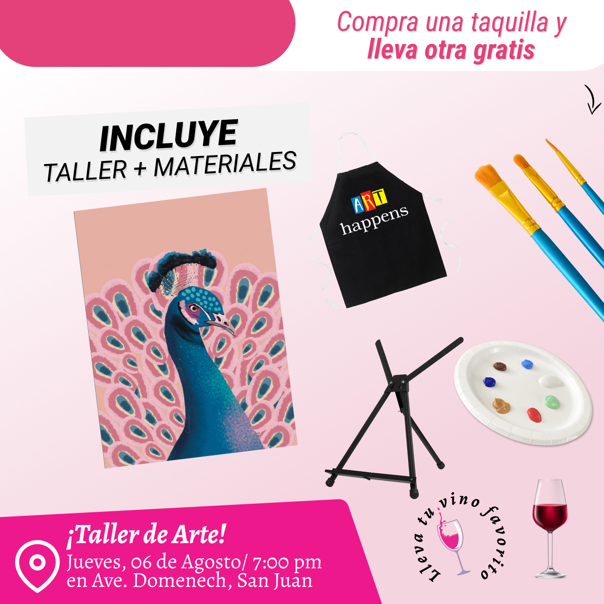 🎨¡Bring a Friend! Compra una taquilla y lleva otra gratis 🤩 - Taller de Arte en Art & Wine Venue - ✨Jueves, 06 de Agosto en San Juan. ¡Lleva tu vino favorito!