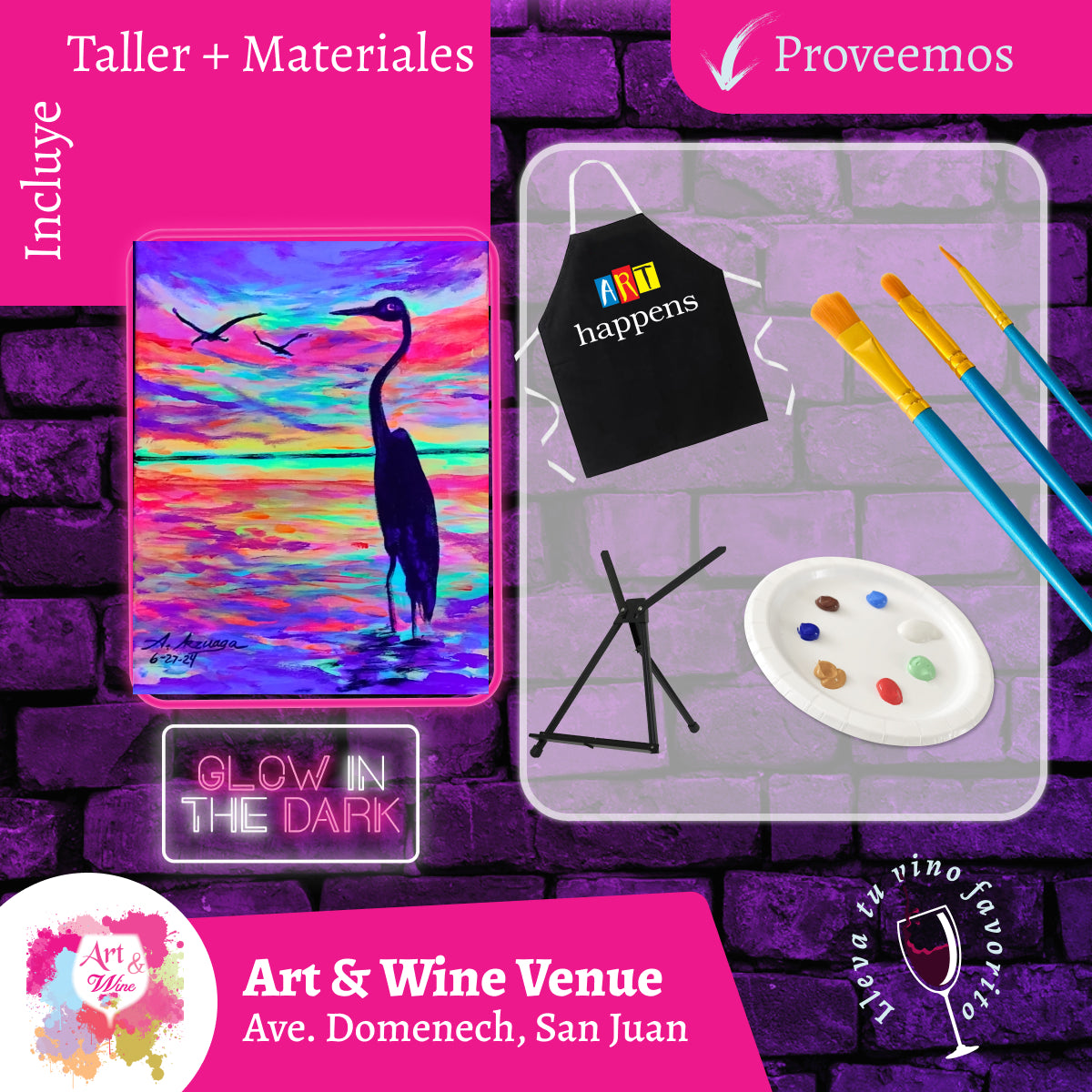 🎨¡Glow in the Dark! Viernes, 28 de Agosto 2026 en Art & Wine Venue - San Juan -¡Lleva tu vino favorito! 7pm
