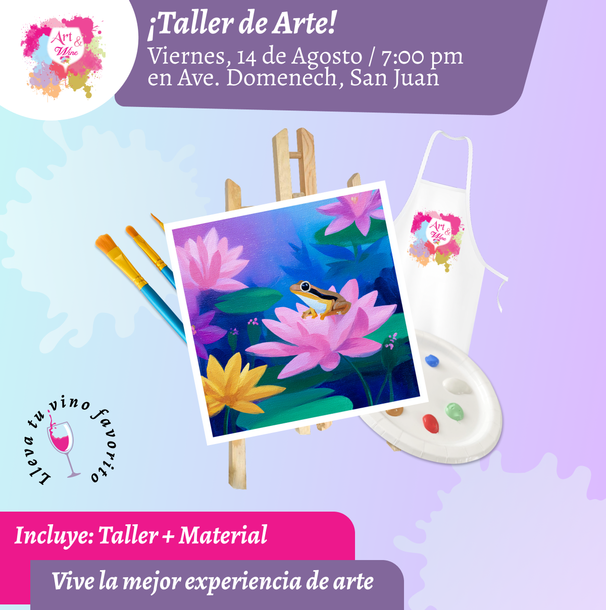 🎨¡Taller de arte en Art & Wine Venue 7pm - Viernes, 14 de Agosto 2026 en San Juan. ¡Lleva tu vino favorito!