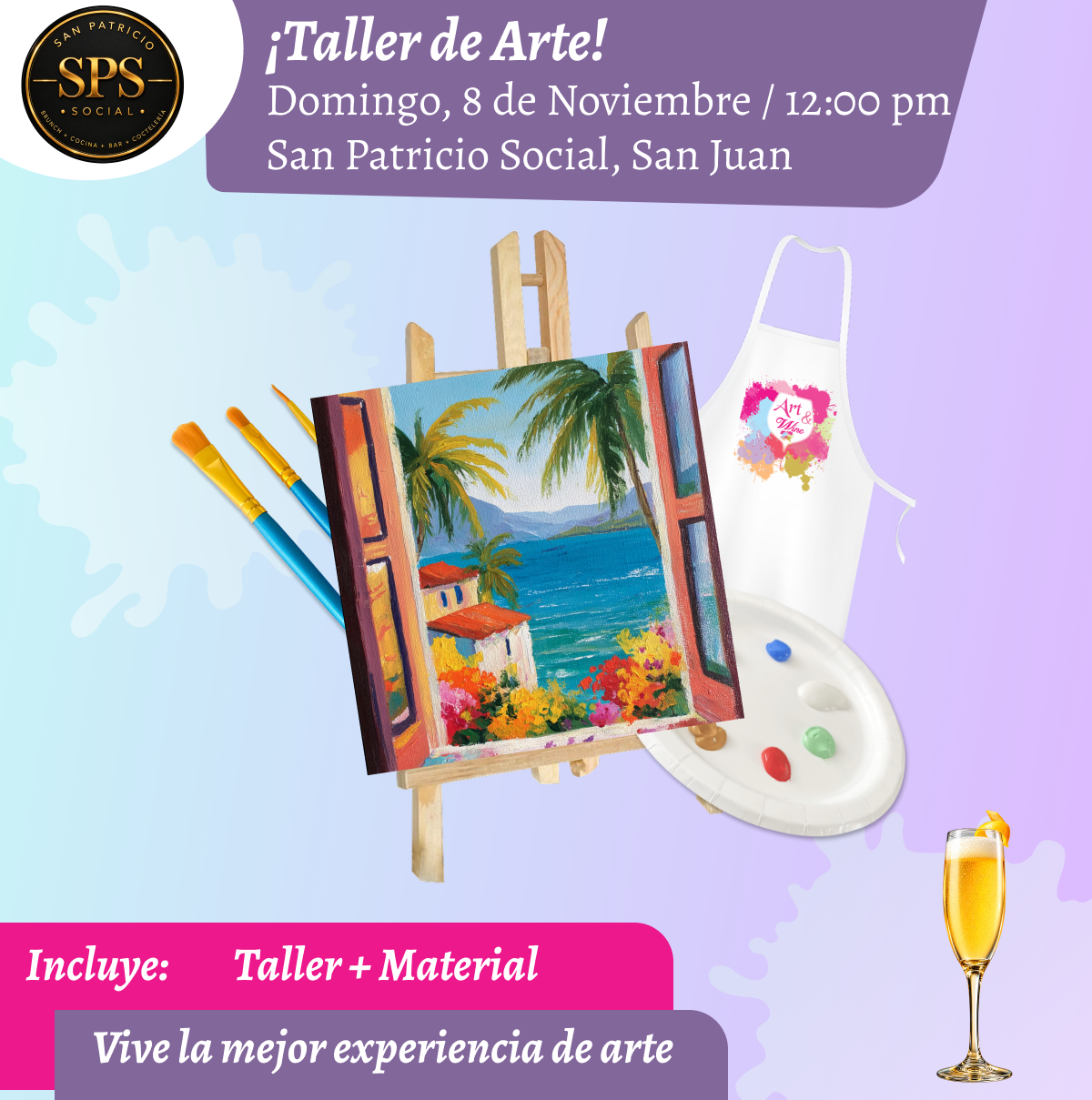 🎨¡Nuevo Taller de arte en San Patricio Social - San Juan - 12pm - Domingo, 8 de Noviembre 2026🥂 ¡Mimosas ilimitadas x $25! 🥂