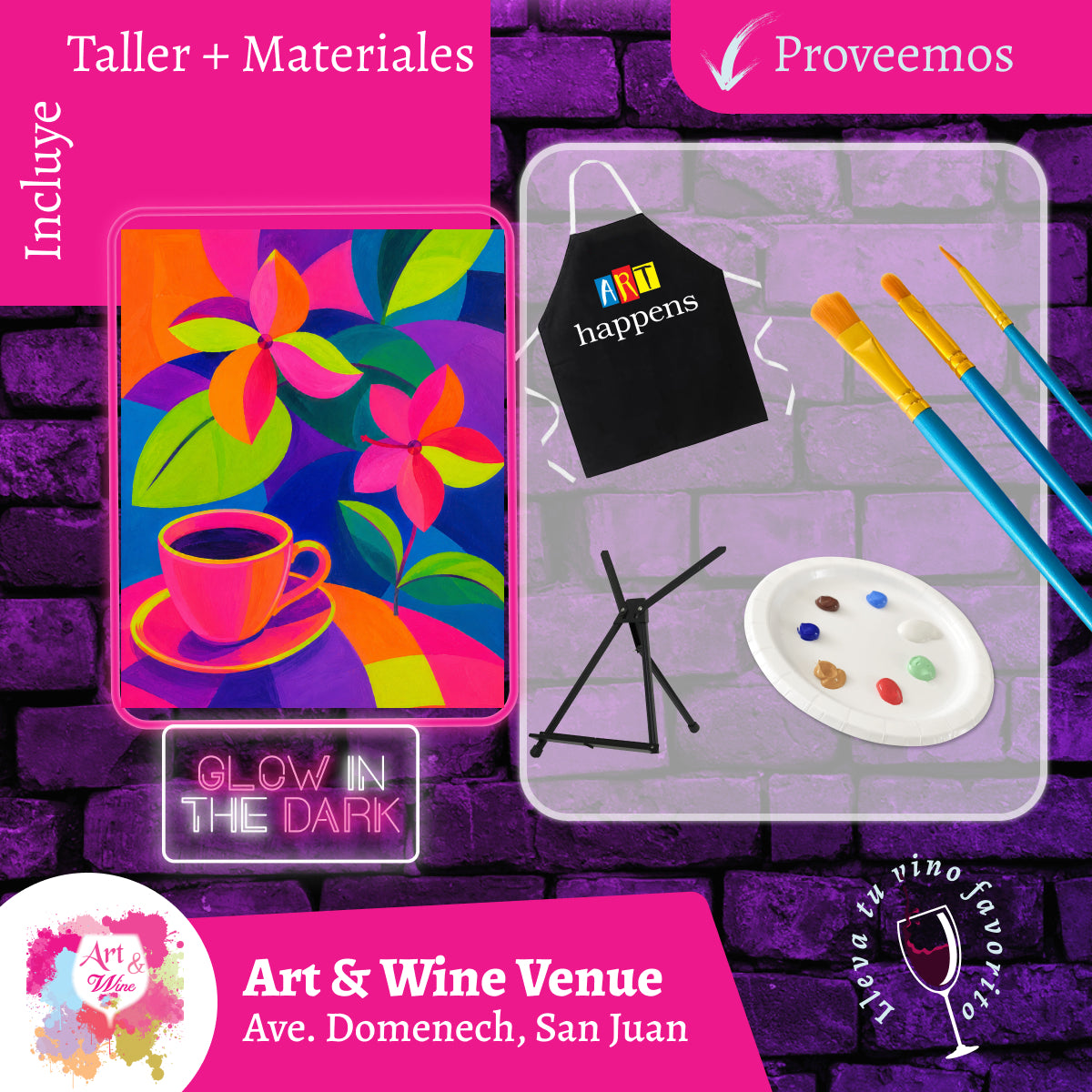 Glow in the Dark! Sábado, 7 de Noviembre 2026 en Art & Wine Venue - San Juan -¡Lleva tu vino favorito! 7pm