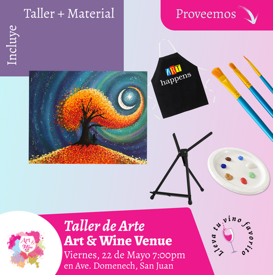 🎨¡Taller de arte en Art & Wine Venue 7pm - Viernes, 22 de Mayo 2026 en San Juan. ¡Lleva tu vino favorito!