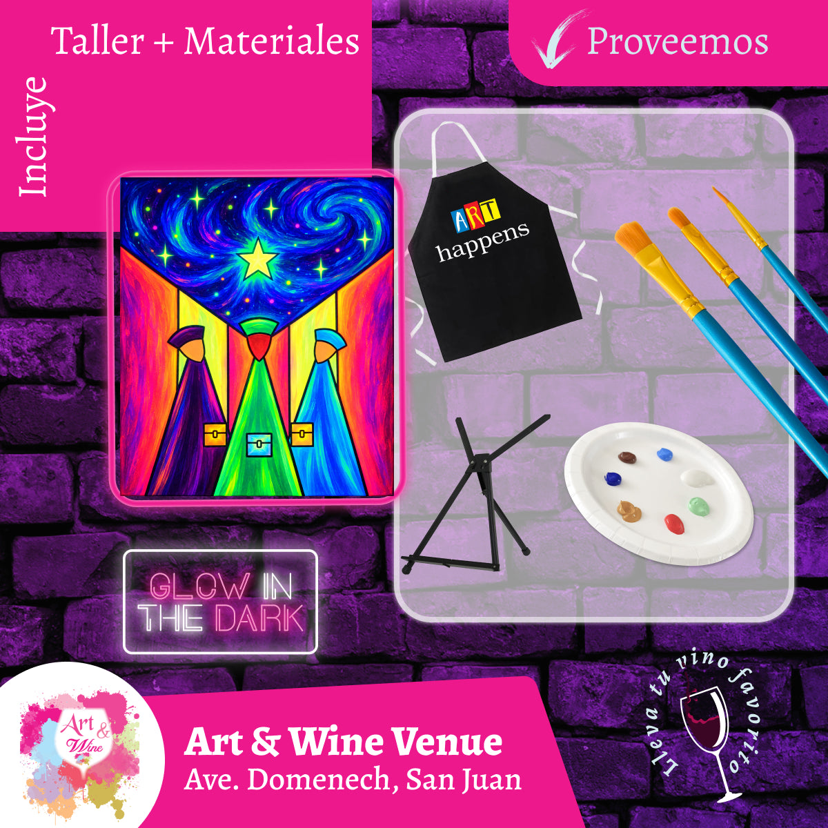 Glow in the Dark! Viernes, 11 de Diciembre 2026 en Art & Wine Venue - San Juan -¡Lleva tu vino favorito! 7pm