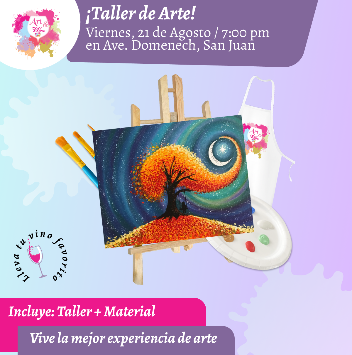 🎨¡Taller de arte en Art & Wine Venue 7pm - Viernes, 21 de Agosto 2026 en San Juan. ¡Lleva tu vino favorito!