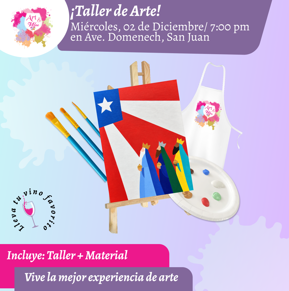 🎨¡Taller de arte en Art & Wine Venue 7pm - Miércoles, 02 de Diciembre 2026 en San Juan. ¡Lleva tu vino favorito!