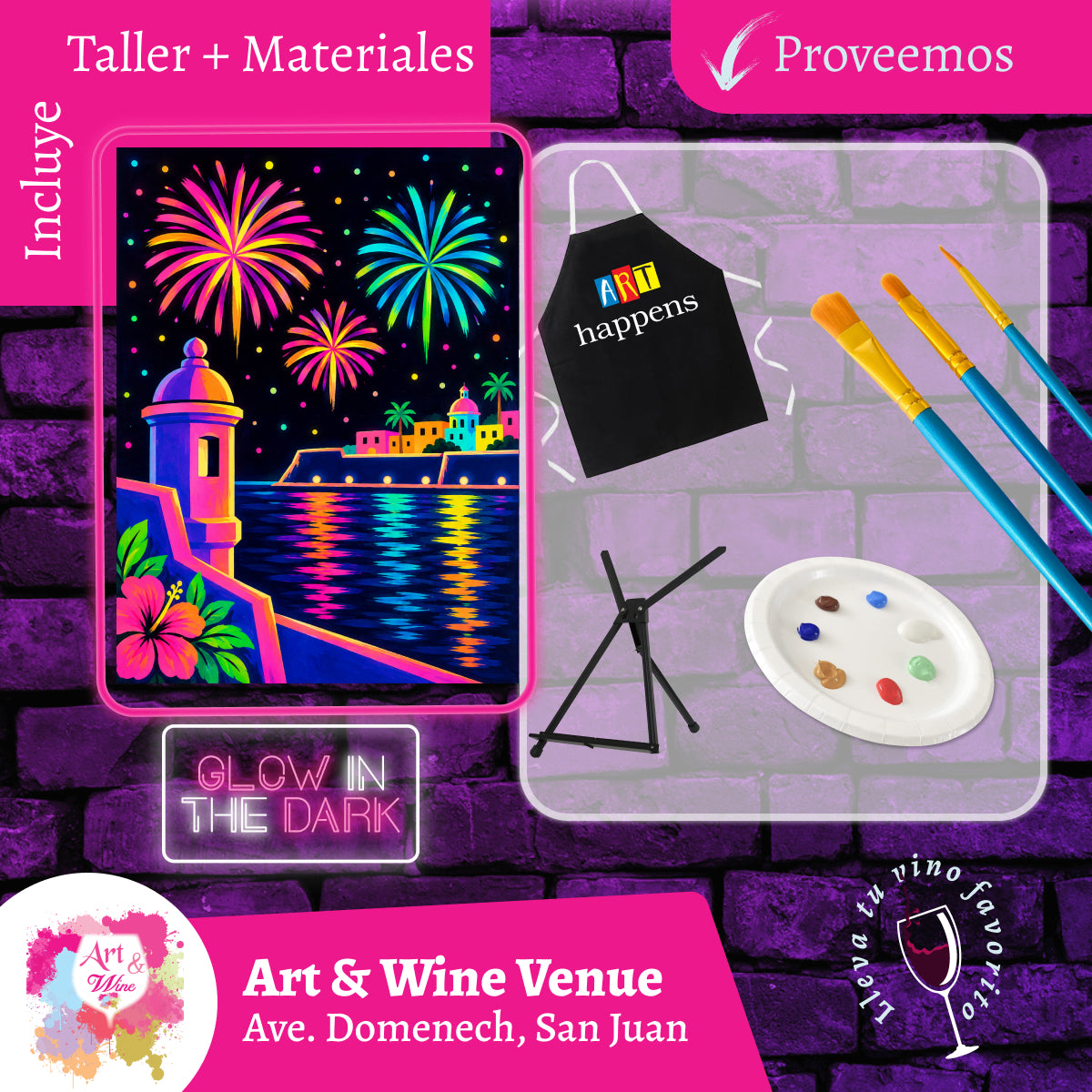 Glow in the Dark! Miércoles, 30 de Diciembre 2026 en Art & Wine Venue - San Juan -¡Lleva tu vino favorito! 7pm