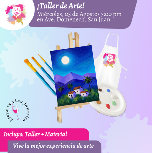 🎨¡Taller de arte en Art & Wine Venue 7pm - Miércoles, 05 de Agosto 2026 en San Juan. ¡Lleva tu vino favorito!