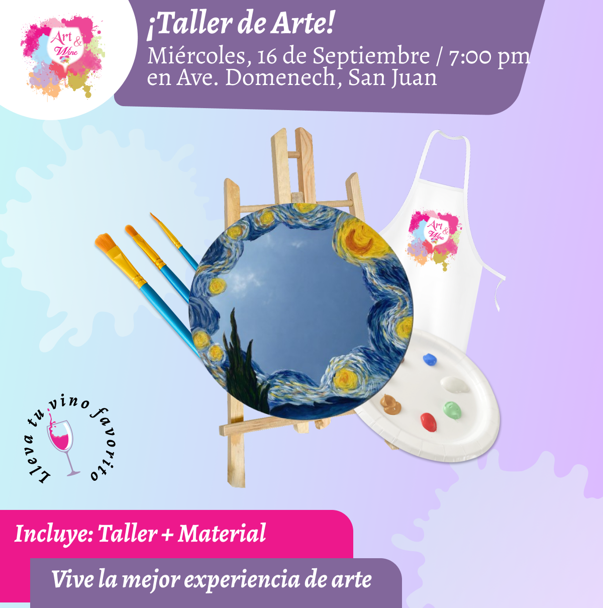 ¡Pinta tu espejo! 🎨¡Taller de arte en Art & Wine Venue 7pm - Miércoles, 16 de Septiembre 2026 en San Juan. ¡Lleva tu vino favorito!