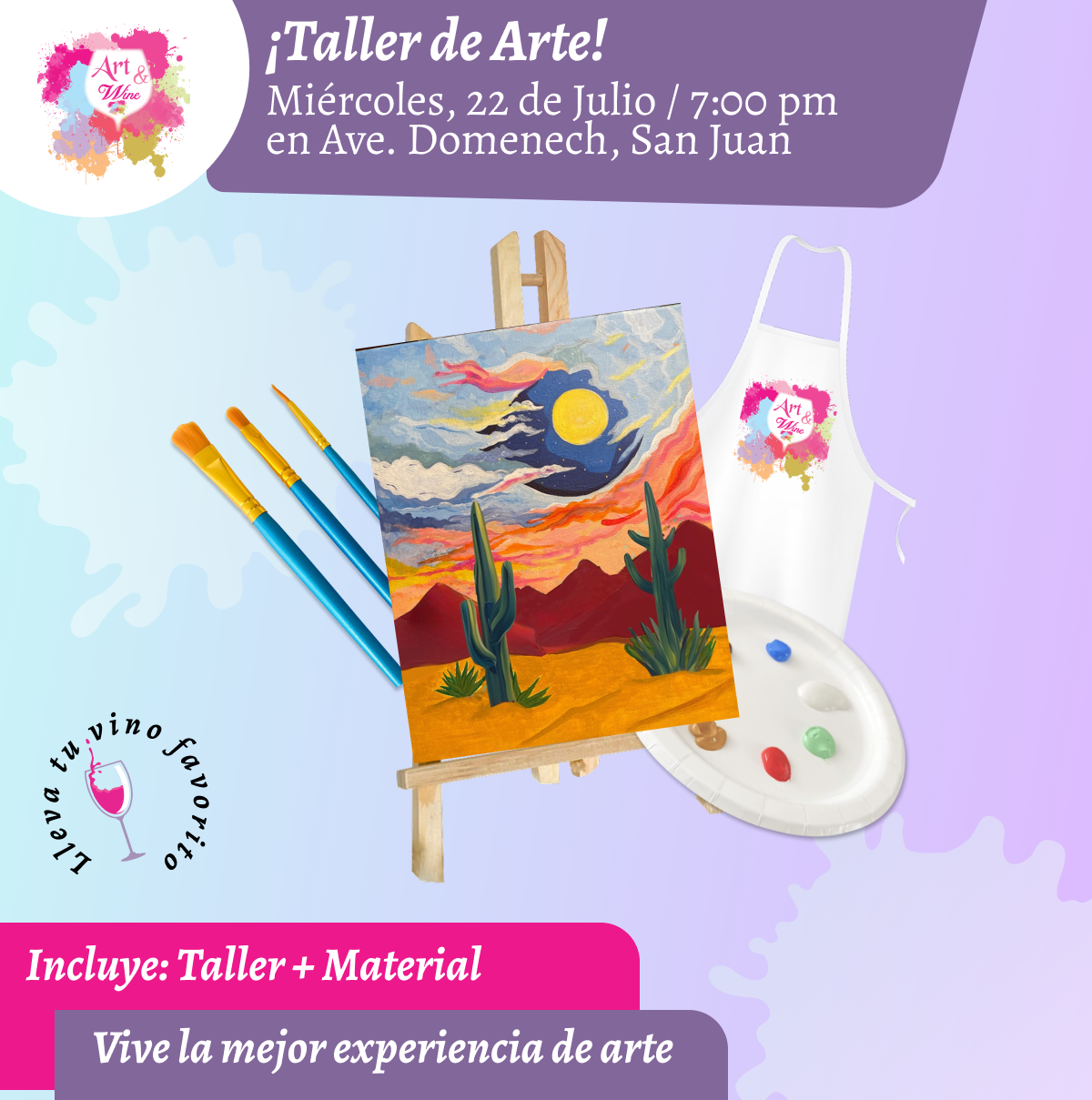 🎨¡Taller de arte en Art & Wine Venue 7pm - Miércoles, 22 de Julio 2026 en San Juan. ¡Lleva tu vino favorito!
