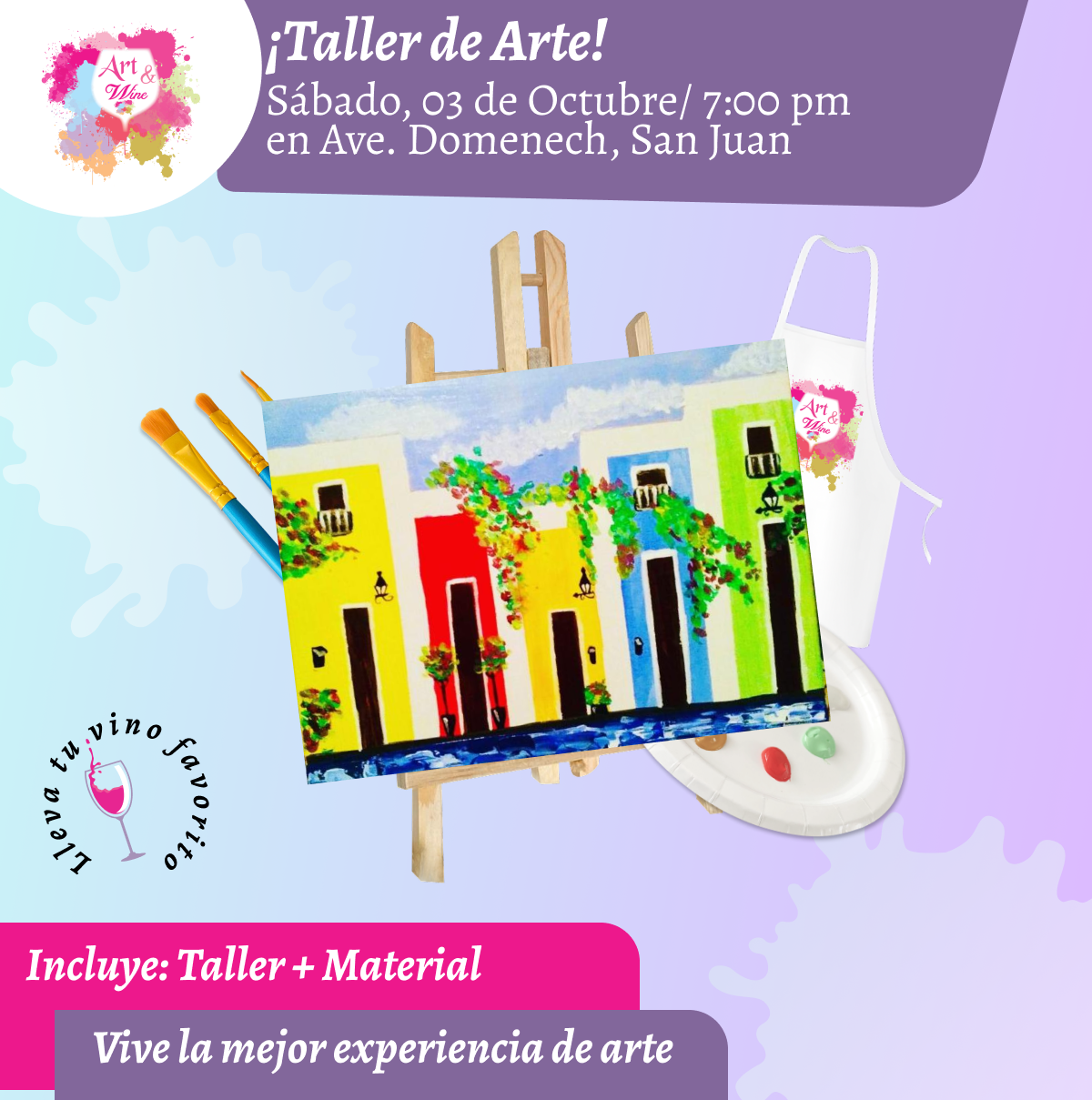 🎨¡Taller de arte en Art & Wine Venue 7pm - Sábado, 03 de Octubre 2026 en San Juan. ¡Lleva tu vino favorito!