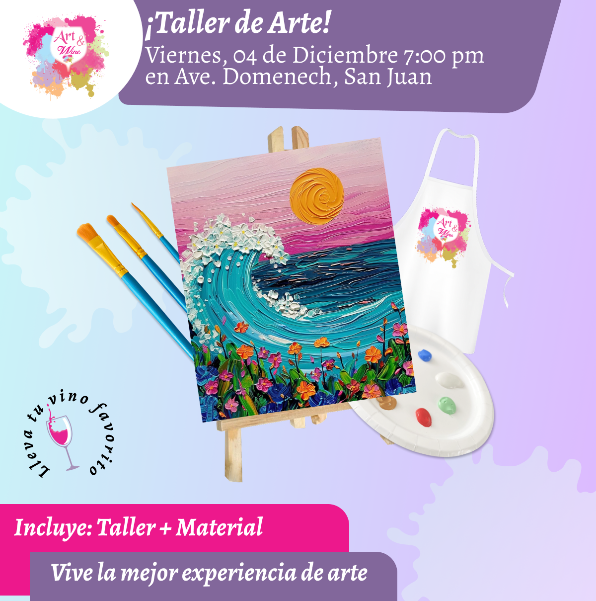 🎨¡Taller de arte en Art & Wine Venue 7pm - Viernes, 04 de Diciembre 2026 en San Juan. ¡Lleva tu vino favorito!
